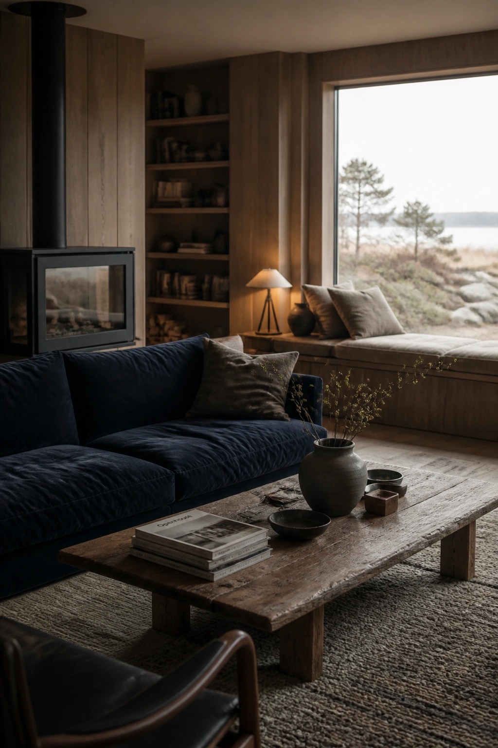 A living room with a dark blue sofa, wooden coffee table, built-in bookshelves flanking a black fireplace, and a large window with a cushioned seat overlooking a landscape.