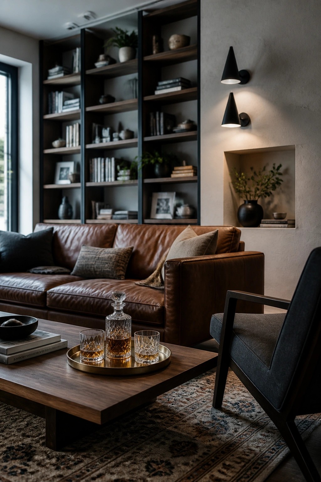 A living room with a brown leather sofa positioned in front of tall dark built-in bookshelves, a wooden coffee table holding a tray with glasses and a decanter, and a dark armchair in the foreground.