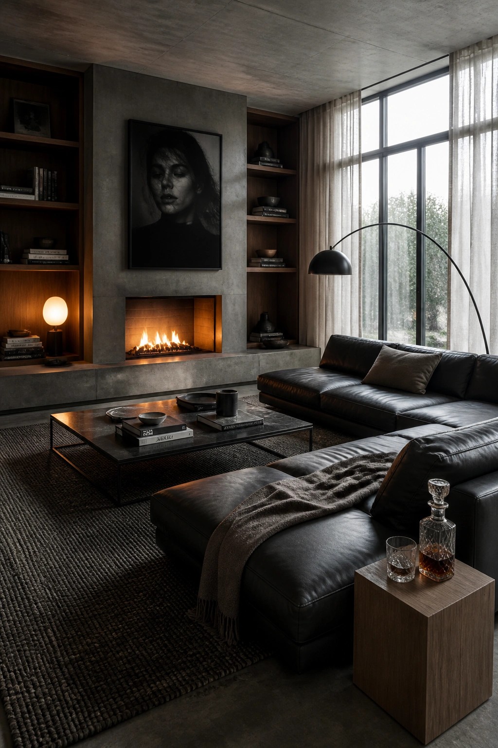 A modern living room with a concrete fireplace flanked by wooden built-in shelves, a black leather sectional sofa, a dark coffee table on a textured rug, and large windows with sheer curtains.
