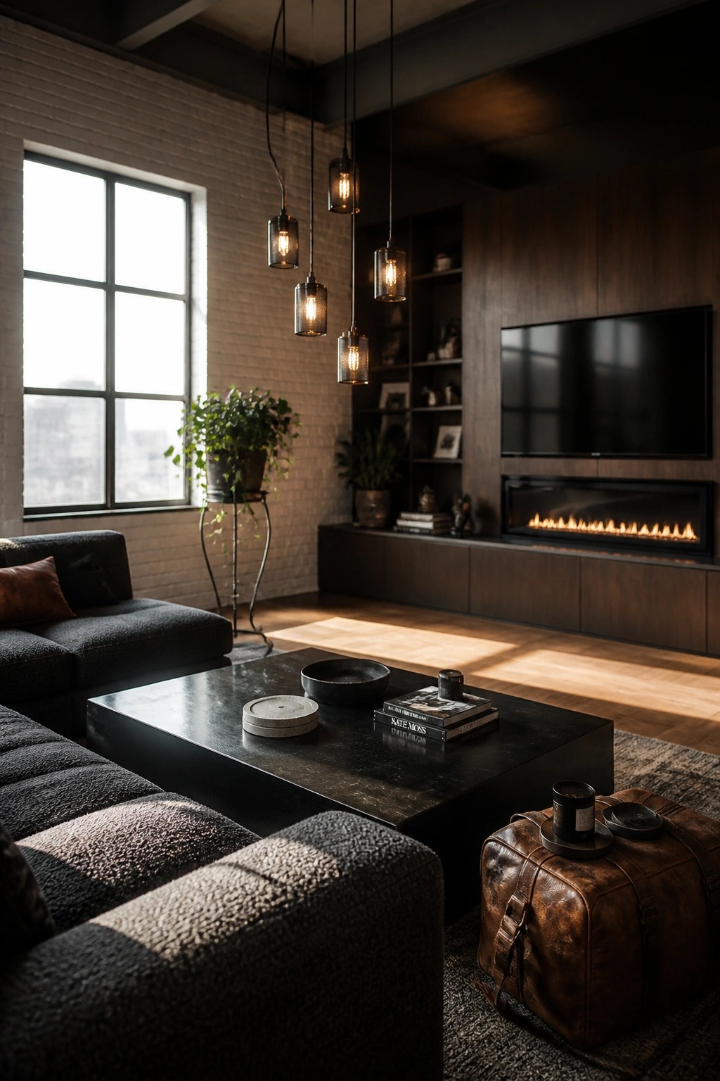 Modern living room with dark sofa, marble table, pendant lights, leather trunk, and fireplace