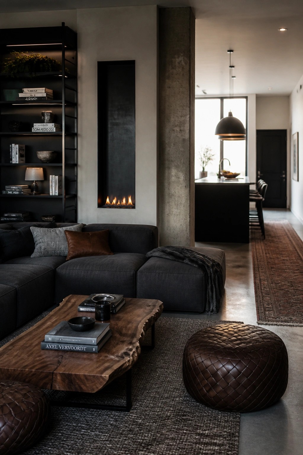 A modern living room featuring a dark gray sectional sofa, live-edge wood coffee table, brown leather ottomans, and a tall built-in fireplace set in a concrete wall.