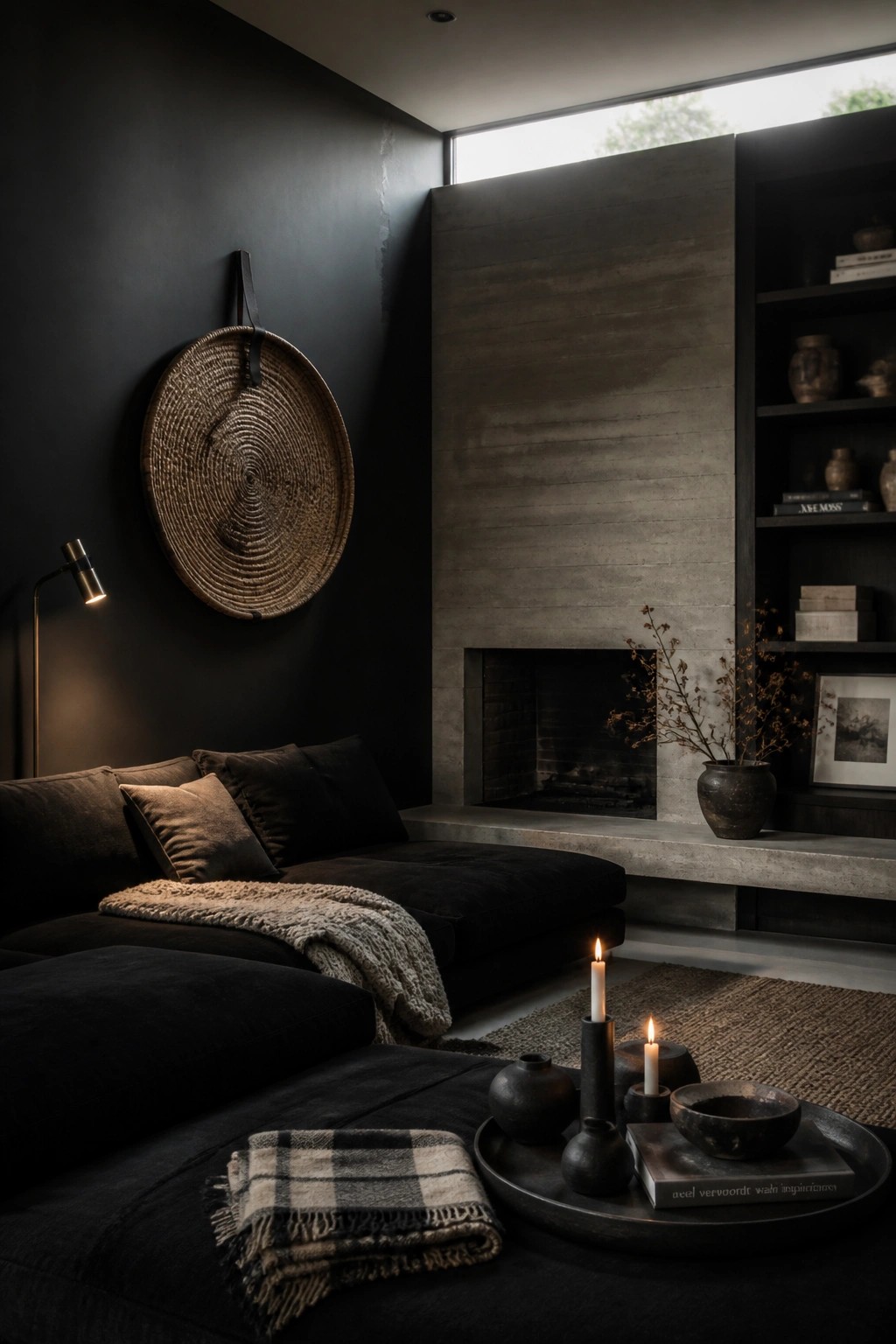A modern living room featuring black walls, a dark sectional sofa, a concrete fireplace surround, and a large woven basket hanging on the wall.