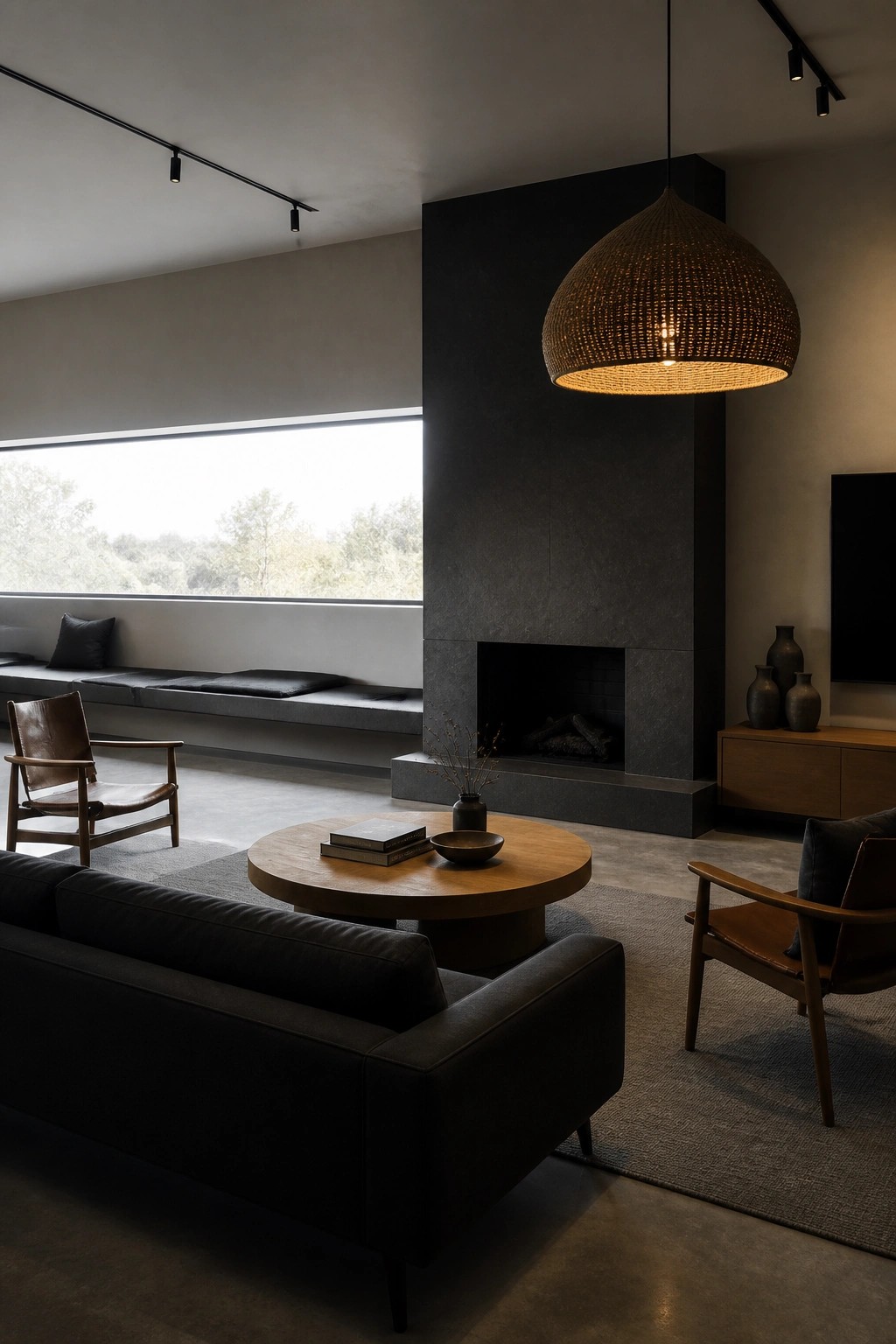 A modern living room with a tall dark stone fireplace, black leather sofa, wooden armchairs, round coffee table, and large woven pendant light.