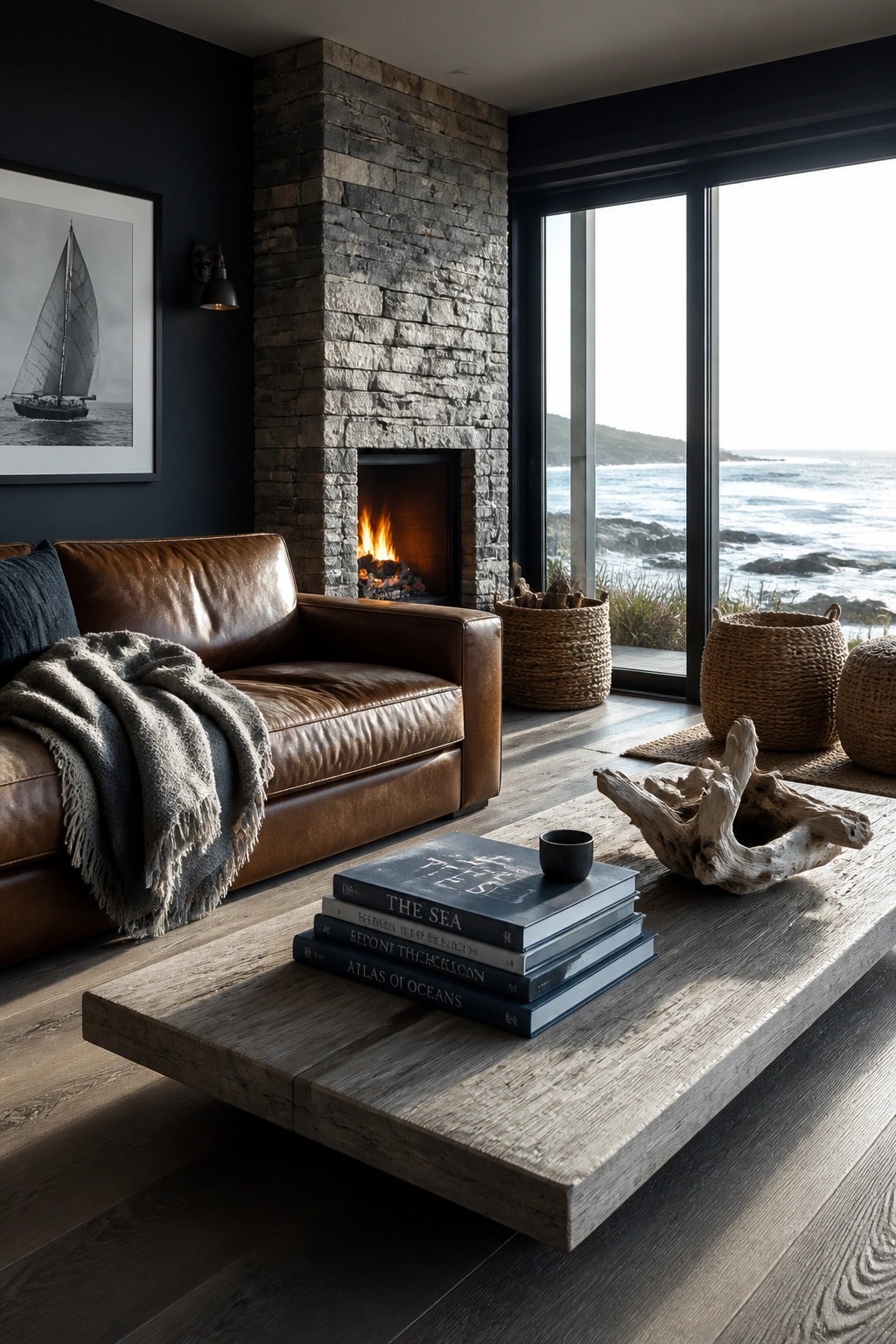 A living room featuring a brown leather sofa facing a stone fireplace, with a wooden coffee table holding stacked books and driftwood in front of large ocean-view windows.