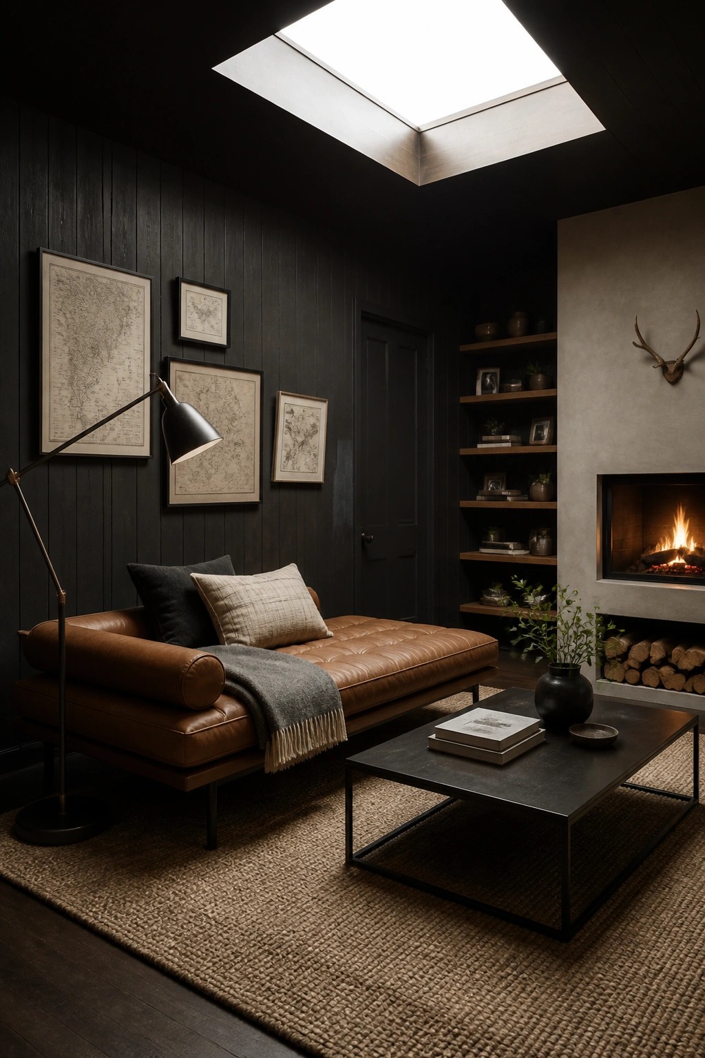 A living room with dark vertical wood paneling, a brown leather chaise, black coffee table, built-in shelves, fireplace, and a large skylight overhead.
