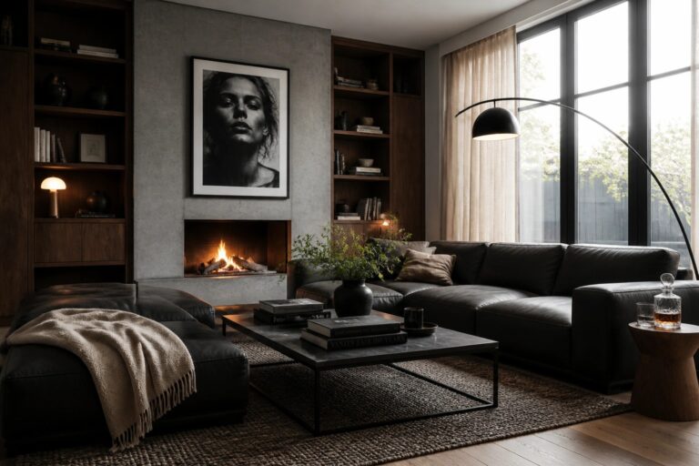 A modern living room with a concrete fireplace flanked by wooden built-in shelves, a black leather sectional sofa, a dark coffee table on a textured rug, and large windows with sheer curtains.