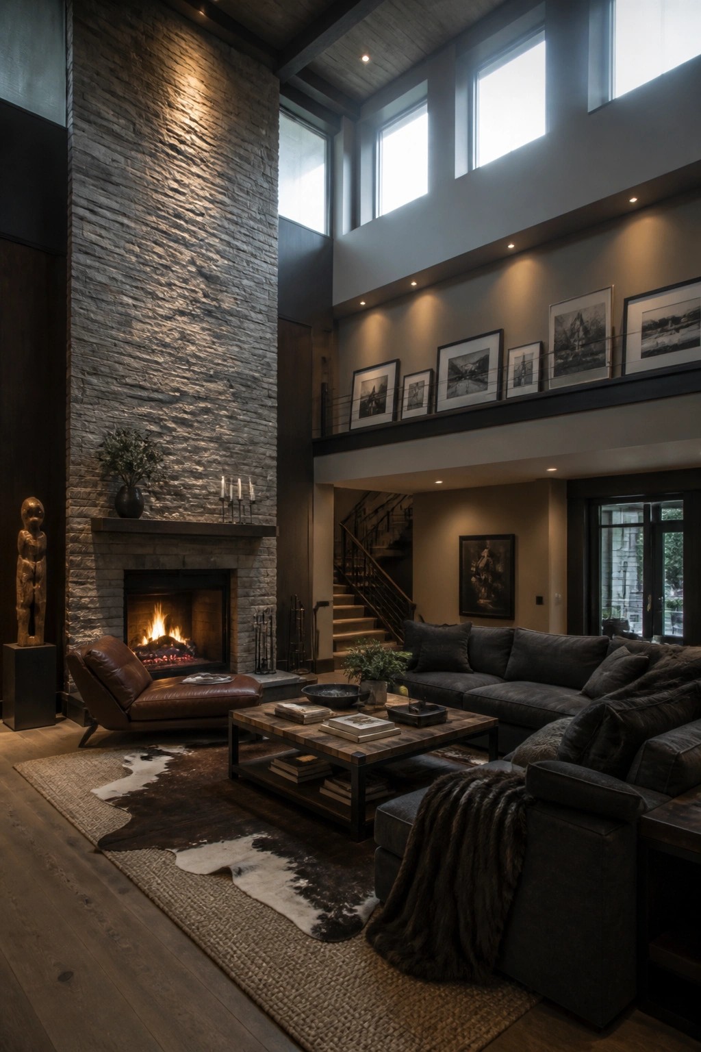 A tall stone fireplace wall dominates a high-ceiling living room with a brown leather chair, dark sectional sofa, and wooden coffee table on layered rugs.