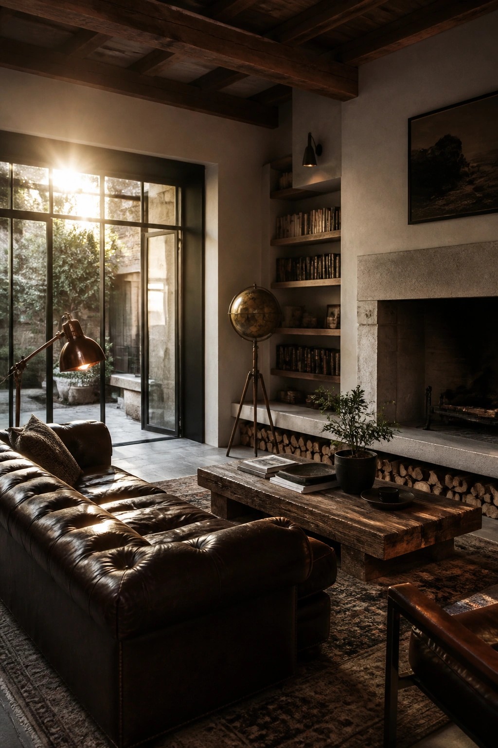 A living room featuring a brown tufted leather sofa, a rustic wooden coffee table, a stone fireplace with built-in bookshelves, and a large window with black frames.