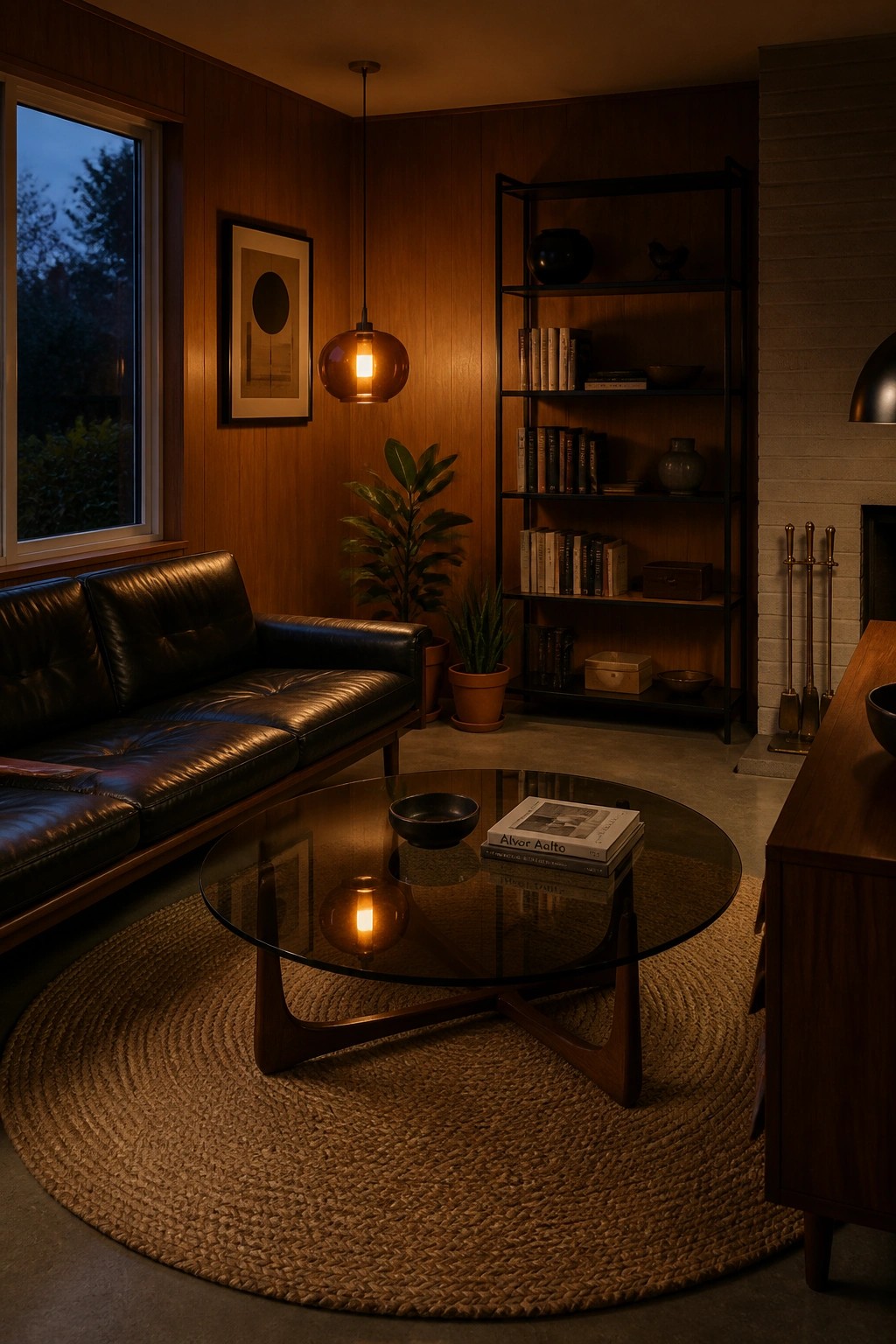 A modern living room with a dark leather sofa, round glass coffee table on a woven rug, black shelving unit, and warm wood paneling lit by a glowing pendant lamp.
