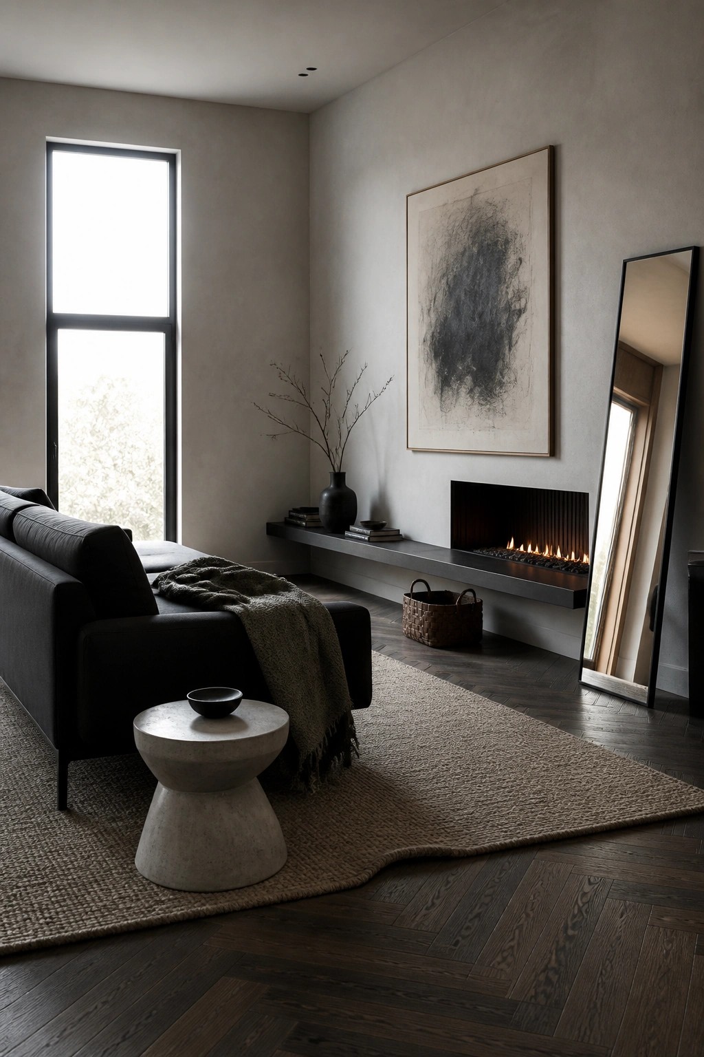 A modern living room with a dark sofa, concrete side table, woven rug, and a long floating ledge that integrates a linear fireplace beneath a large abstract painting.