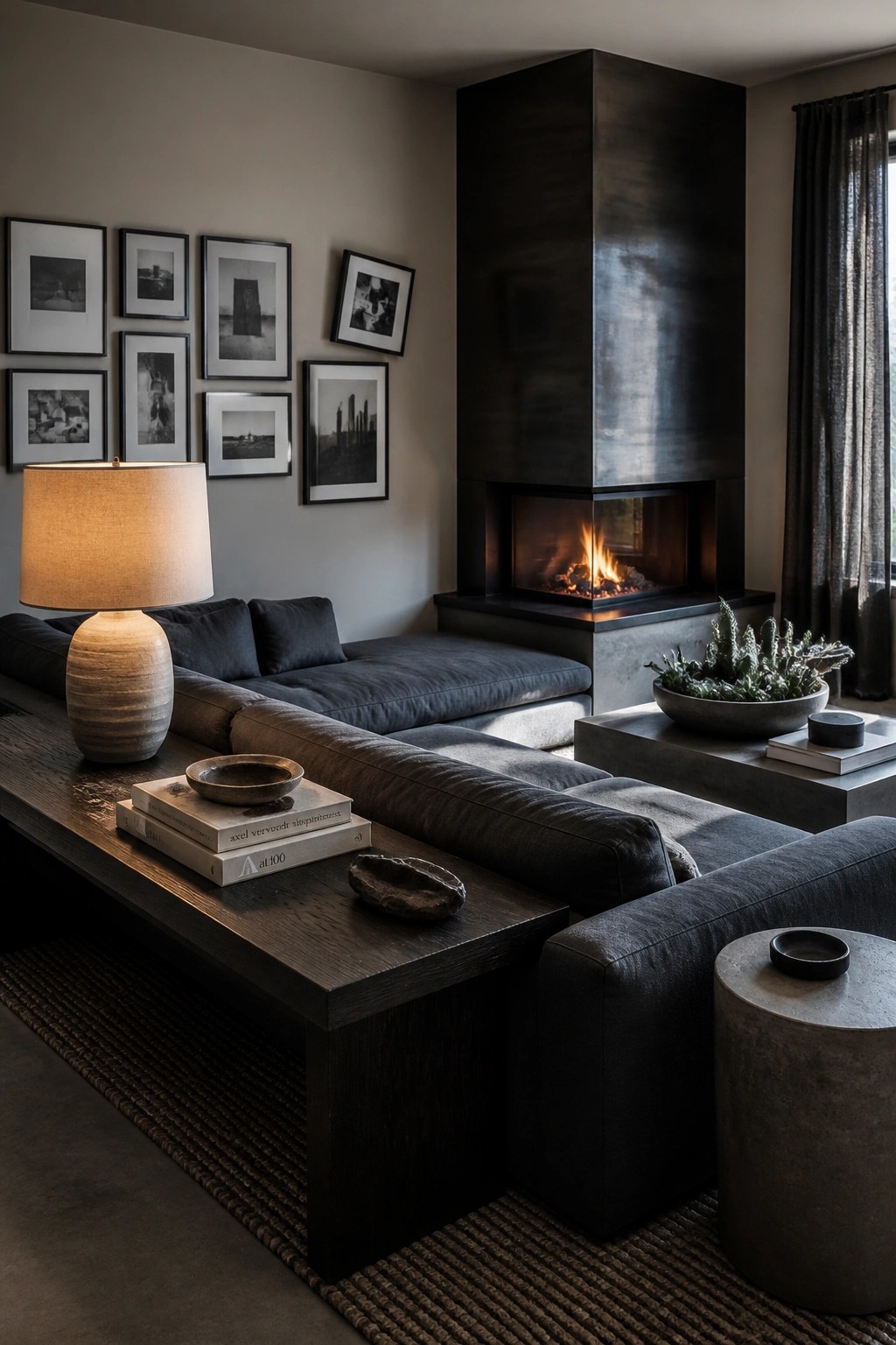 Dark modern living room with sectional sofa, lit fireplace, and gallery wall.