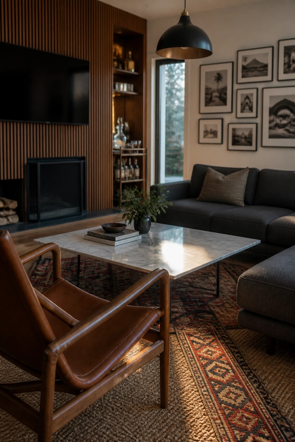 Modern living room with leather armchair, marble table, gray sofa, and fireplace.