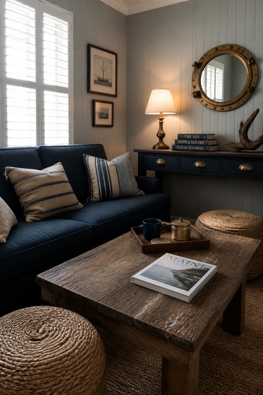 Coastal living room with navy sofa, rustic table, porthole mirror, and ship art.