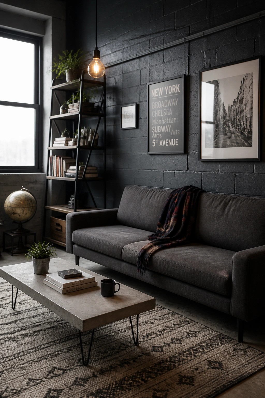 A masculine living room featuring a dark gray sofa against a black brick wall, a tall black open shelving unit holding books and plants, and a concrete coffee table on a patterned rug.