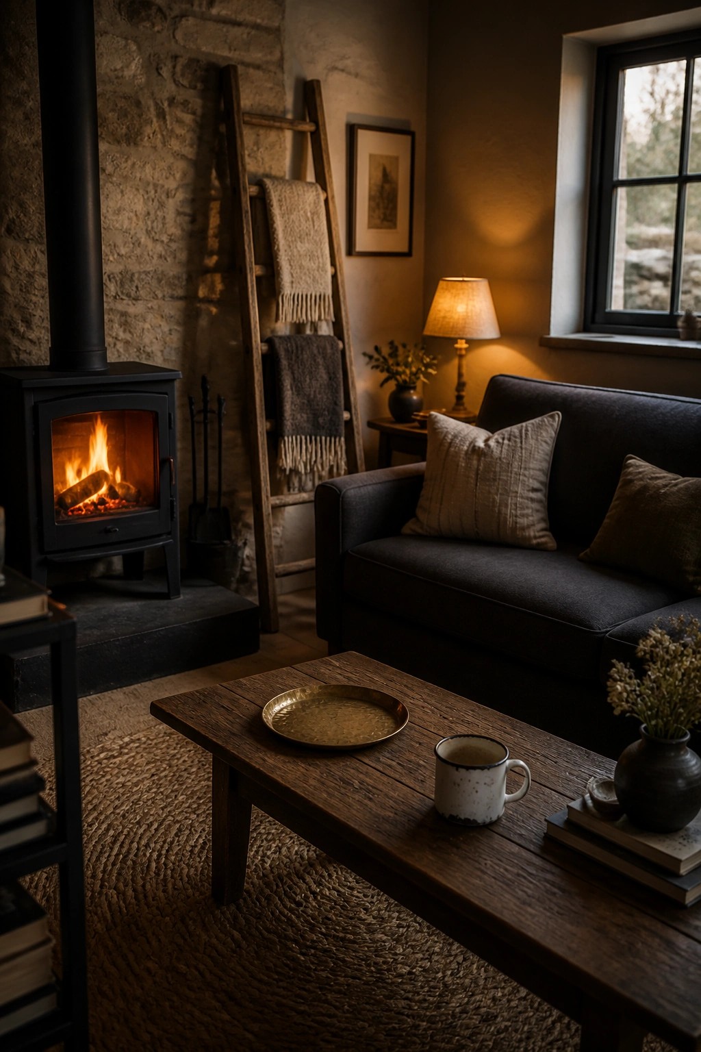 A small living room with a black wood stove burning on a stone wall, a dark sofa with pillows, a wooden coffee table holding a mug and tray, and a ladder with blankets leaning nearby.