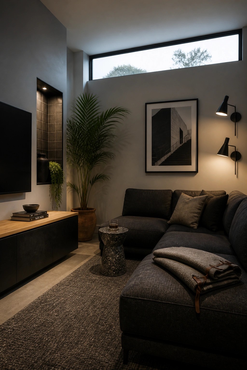 A living room featuring a large dark gray sectional sofa, a light wood media console with a wall-mounted TV, wall sconces, a potted palm, and a high horizontal window.
