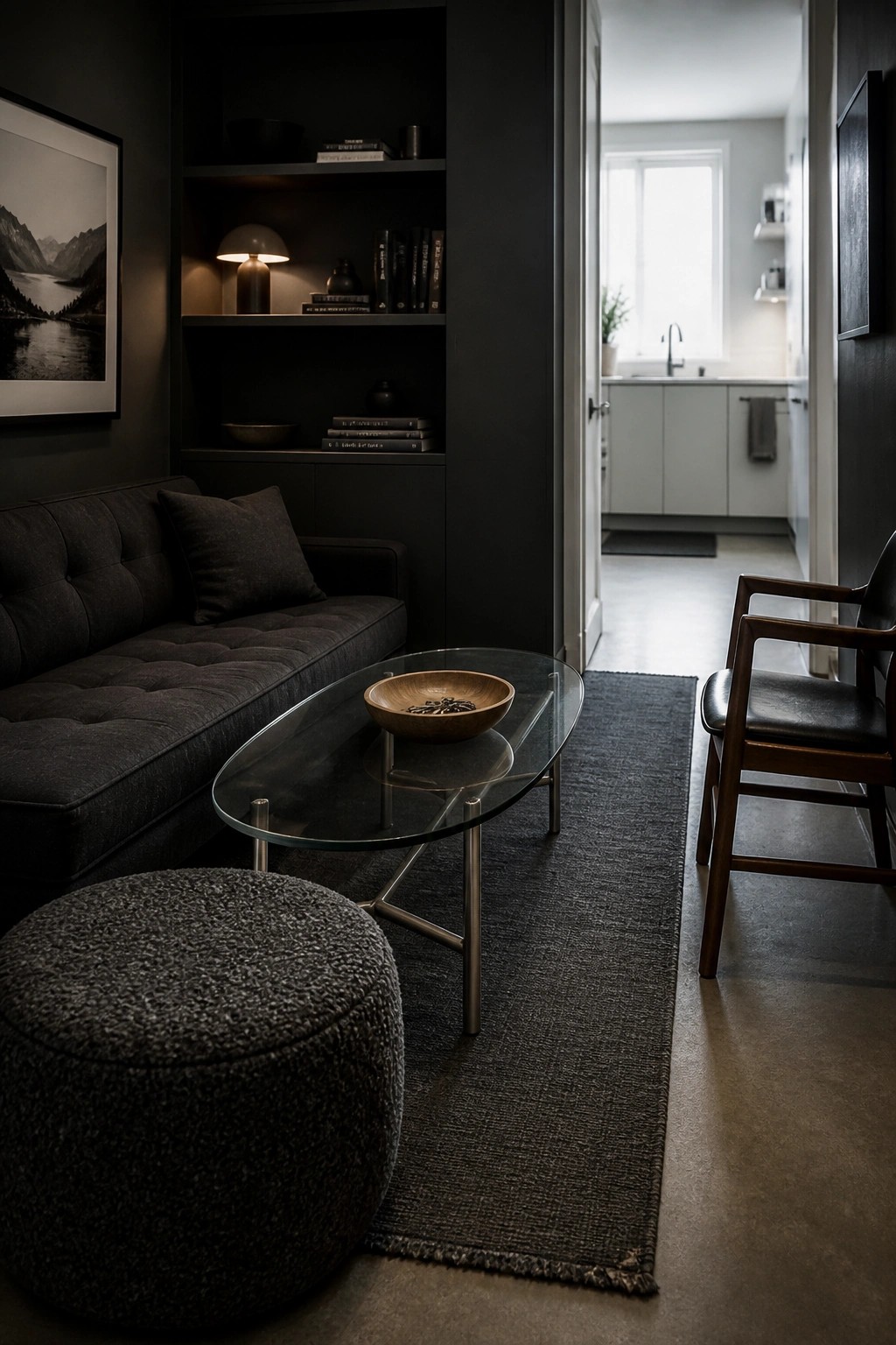 A dark masculine living room featuring a tufted sofa, glass coffee table on a rug, round ottoman, and built-in bookshelves with integrated lighting beside an open doorway to a kitchen.