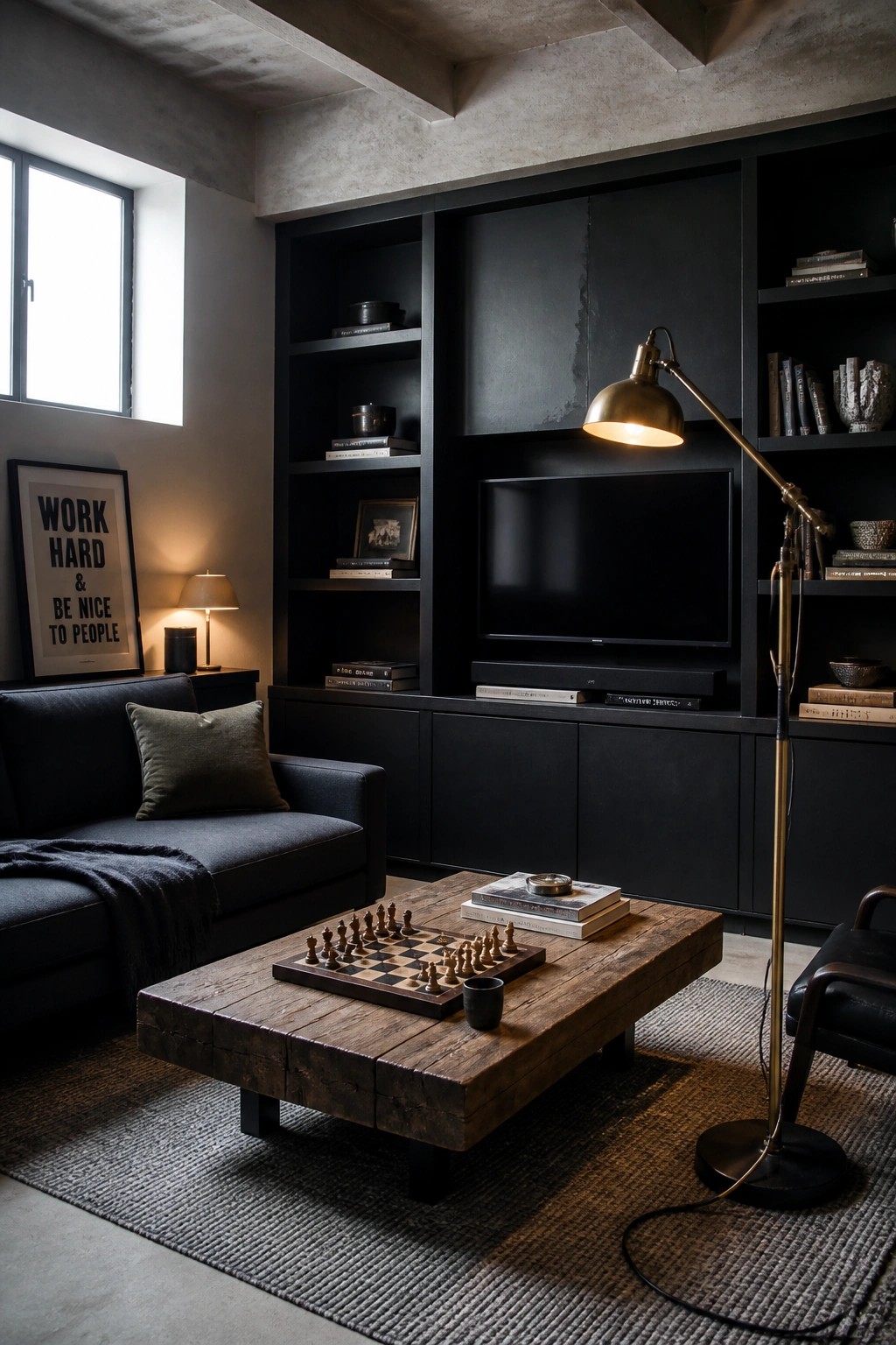 A modern living room featuring dark built-in shelving around a wall-mounted television, a wooden coffee table with a chessboard, and a dark sofa on a woven rug.