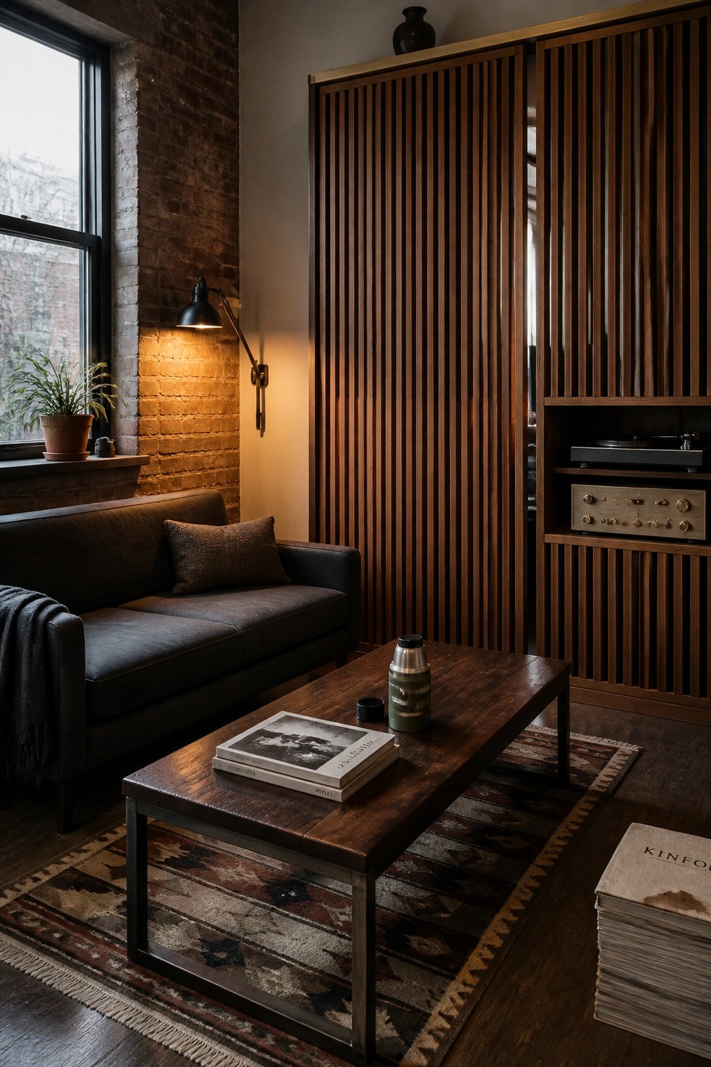 Cozy room with dark sofa, rustic coffee table, patterned rug, and wood media cabinet.
