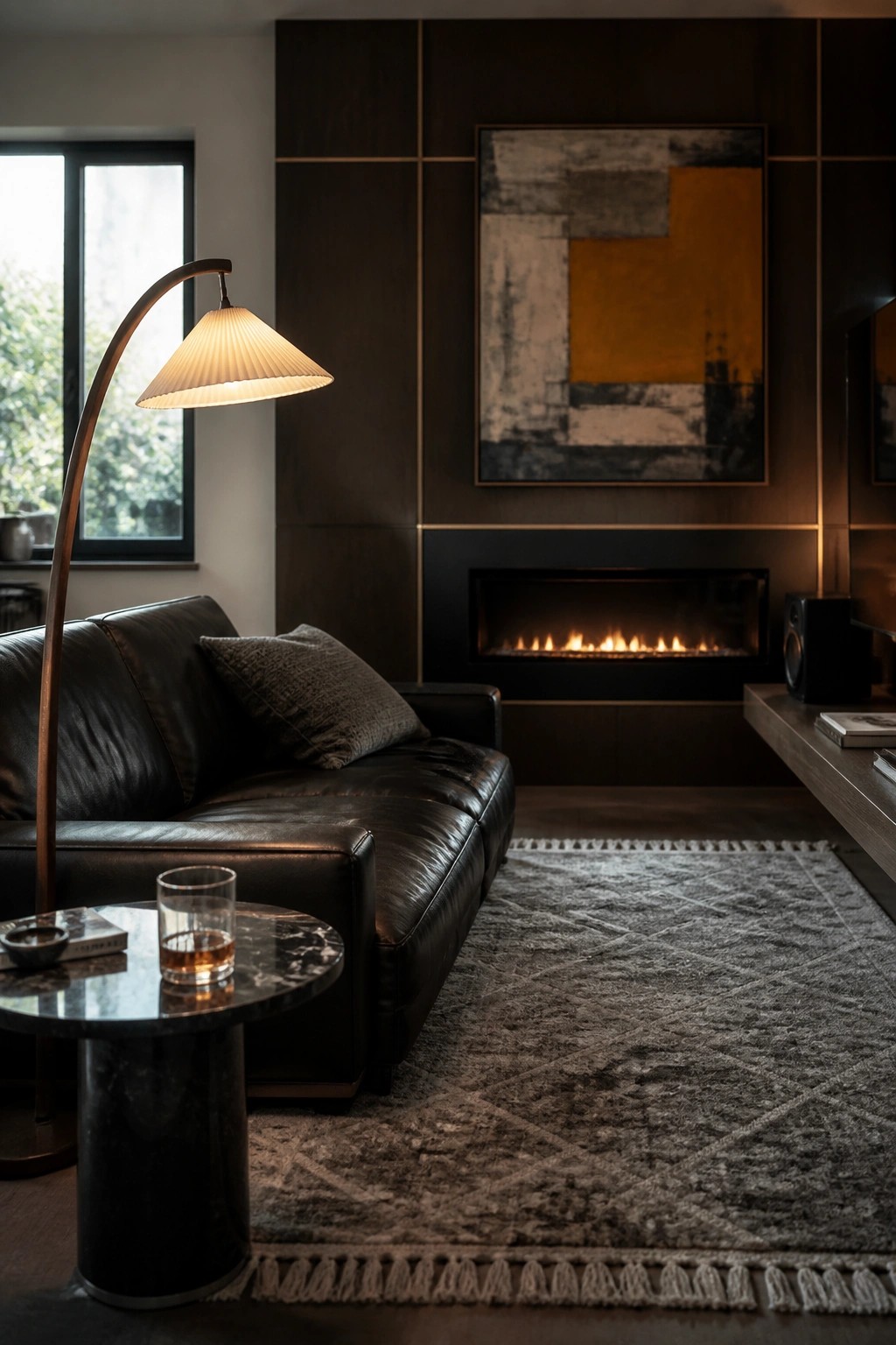 A dark brown leather sofa with a floor lamp and marble side table in a living room featuring a fireplace and abstract wall art.