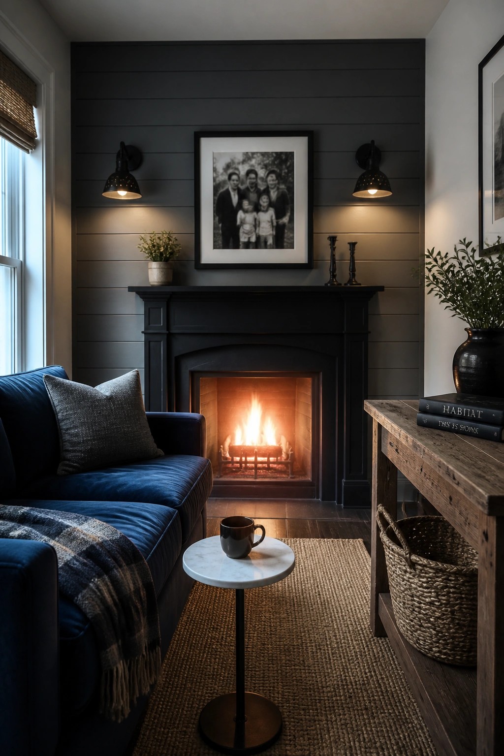 A small living room with dark gray shiplap walls, a black fireplace with a lit fire, a blue sofa, a round marble side table, and a wooden console table on the right.