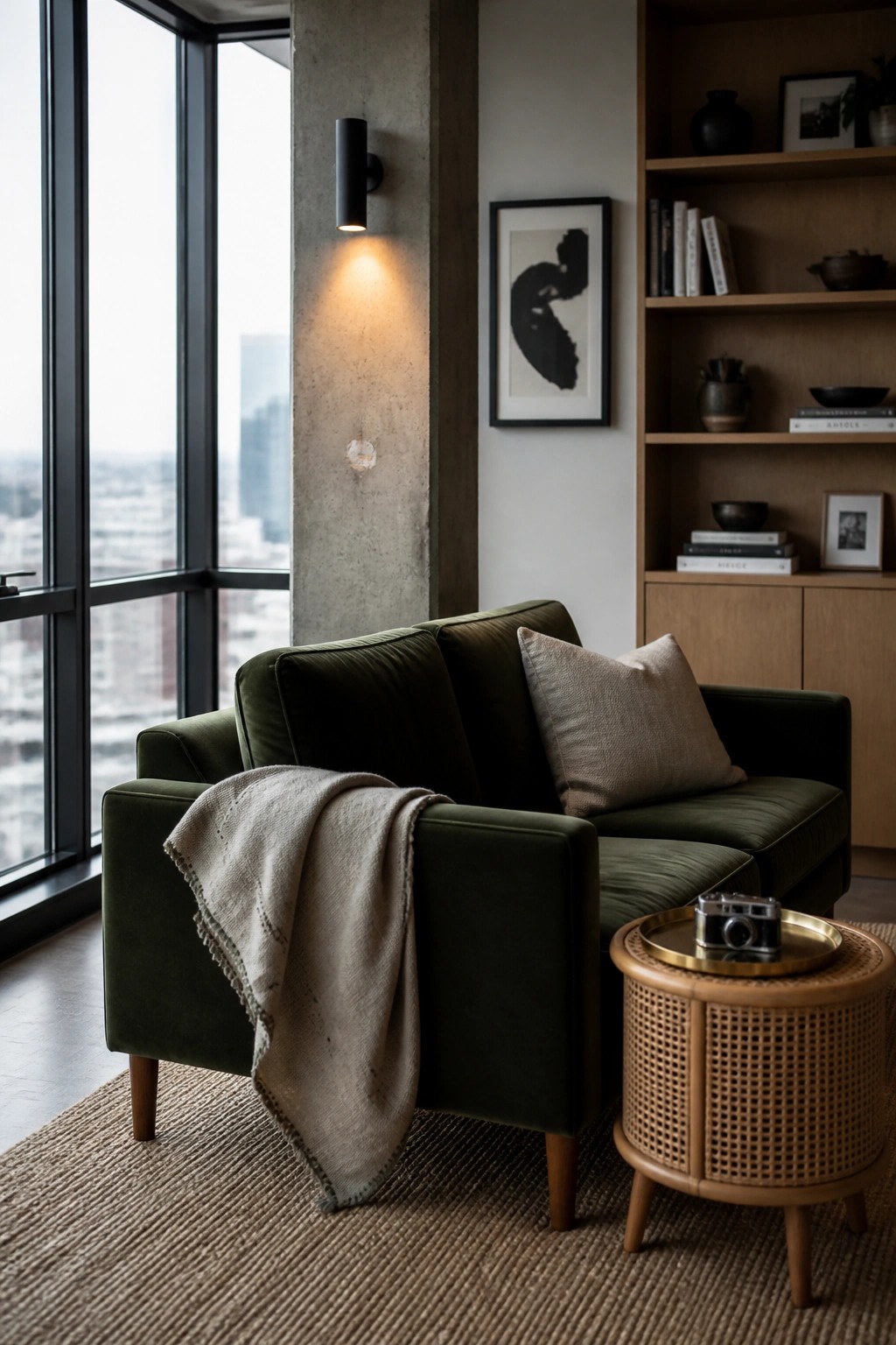 A compact living room with a dark green velvet sofa, beige throw, round wooden side table holding a camera, built-in wooden bookshelves, and a large window.