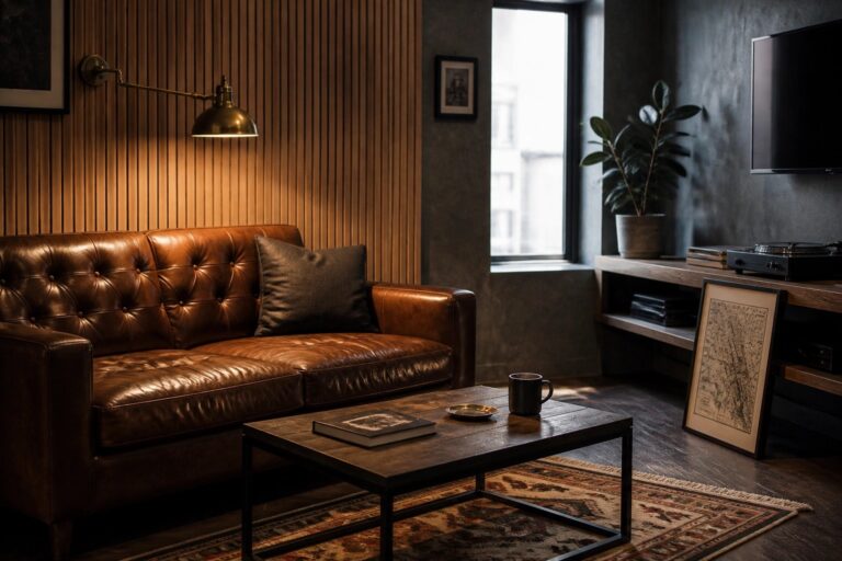 21 Smart Masculine Living Room Ideas for Small Spaces That Work A compact living room with a brown leather tufted sofa, wooden coffee table on a patterned rug, and a wall covered in vertical wood slats lit by a brass wall sconce.