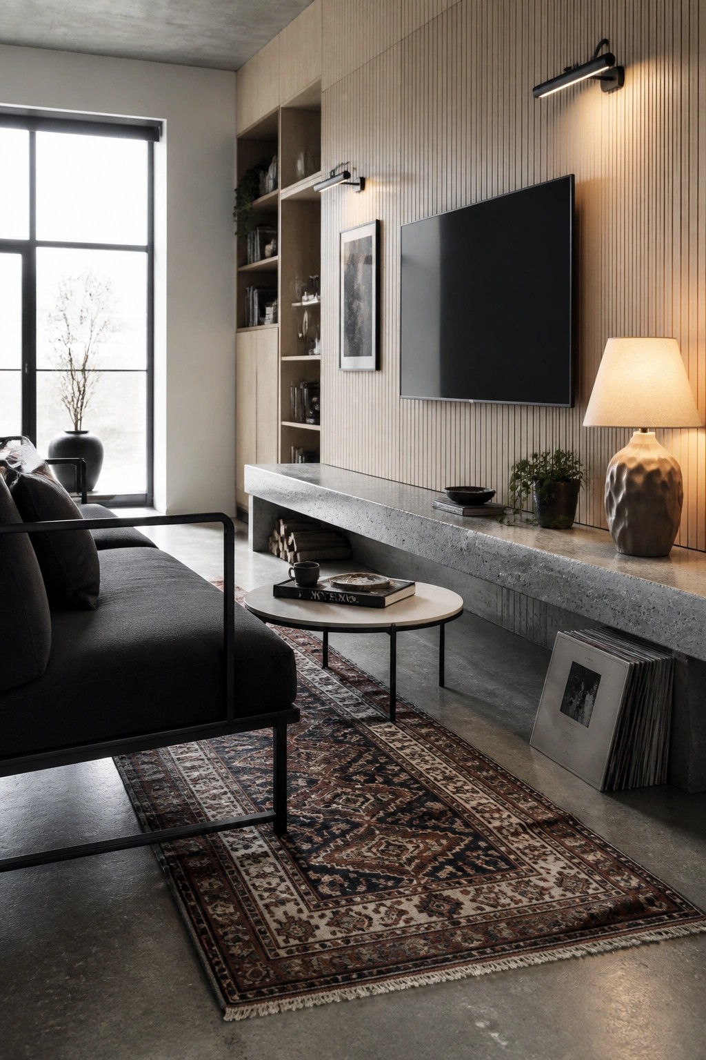 A living room featuring a dark sofa with black frame, round coffee table on a patterned rug, and wall-mounted TV above a long concrete ledge with a lamp and leaning vinyl records.