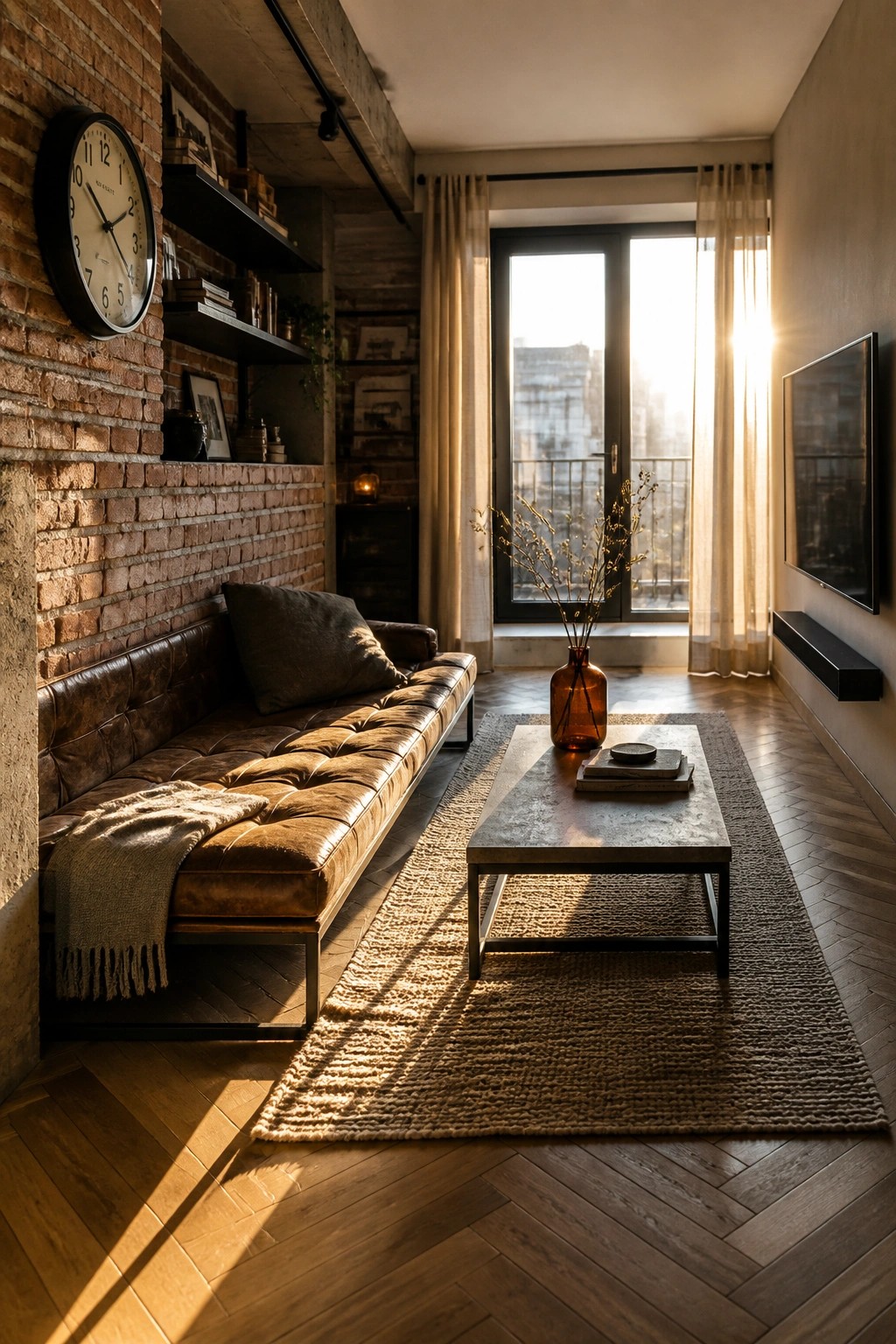 A living room with a long brown leather sofa against a red brick wall, a low coffee table on a woven rug, and large windows at the far end.