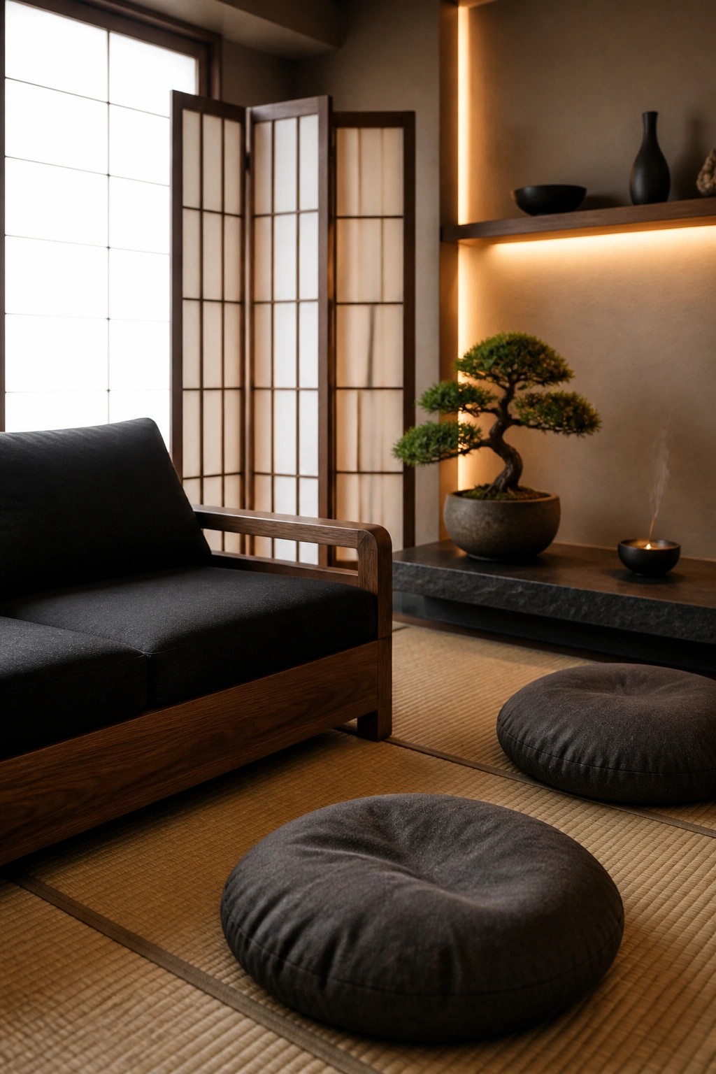 A small living room with a dark wooden low sofa, two round gray floor cushions on tatami mats, shoji screens, and a bonsai on a stone ledge.