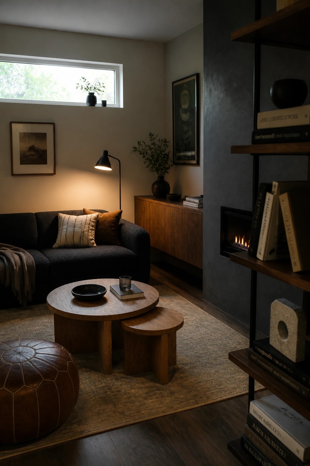 Cozy modern living room with dark sofa, round wooden table, and lit fireplace