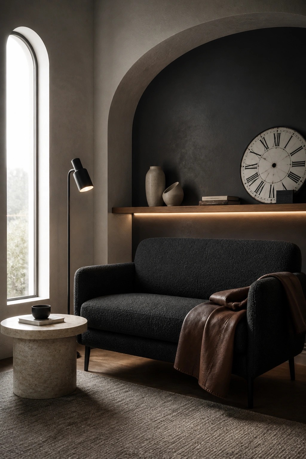 A small living room features a black textured sofa in front of a dark arched niche with a wooden shelf holding vases and books, illuminated by under-shelf lighting, beside a round stone side table and a black floor lamp.
