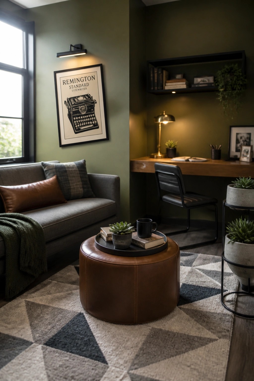 A compact living room features a gray sofa, round brown leather ottoman with tray and plants, geometric rug, and wooden desk against dark green walls.