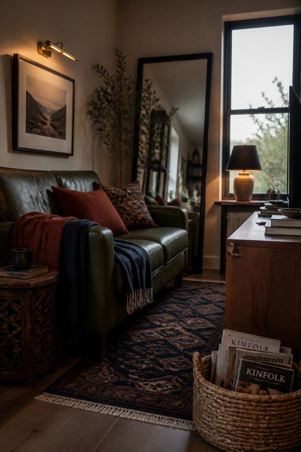 A masculine living room featuring a green leather sofa, wooden side table, patterned rug, and a woven basket holding magazines on the floor next to a window.