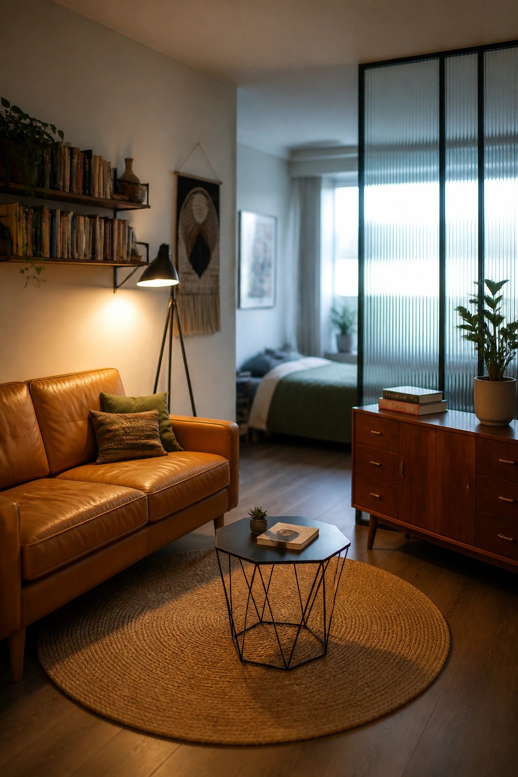 A small living room featuring a brown leather sofa on a round jute rug with a black wire coffee table centered on it.