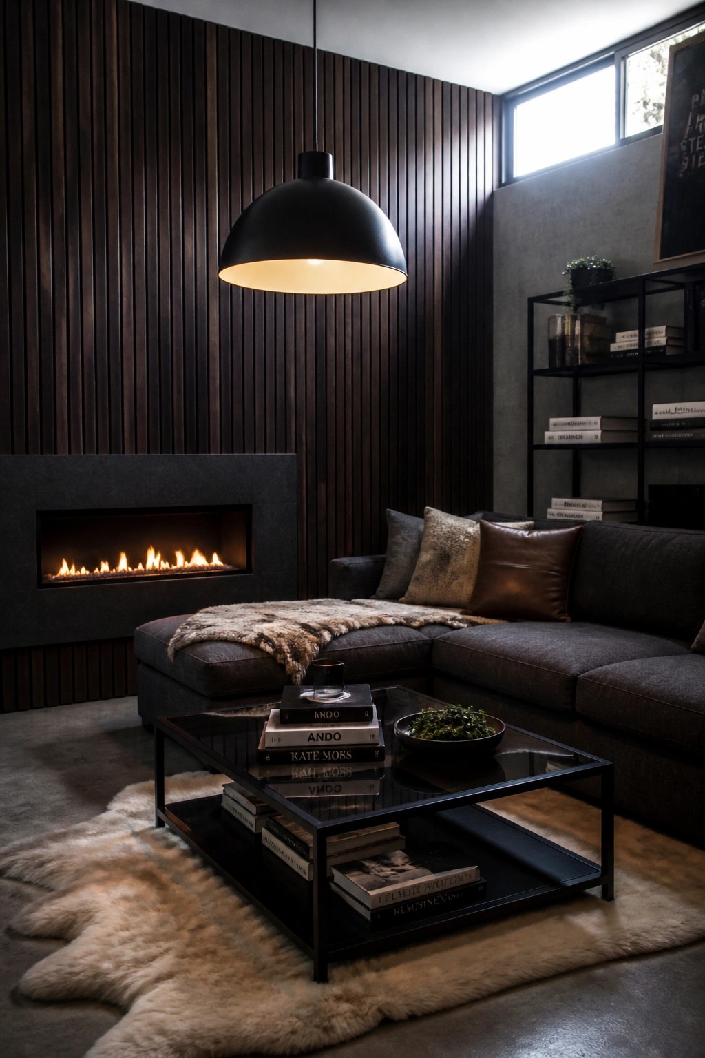 Modern living room with dark sectional sofa, fireplace, glass table, and pendant lamp