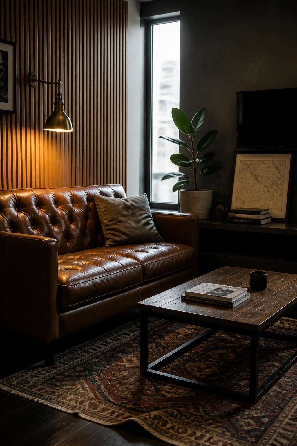 A compact living room with a brown leather tufted sofa, wooden coffee table on a patterned rug, and a wall covered in vertical wood slats lit by a brass wall sconce.