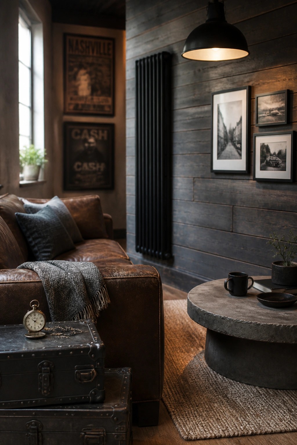 A small masculine living room with a brown leather sofa, stacked dark vintage trunks used as a side table, and dark wood walls with framed art.
