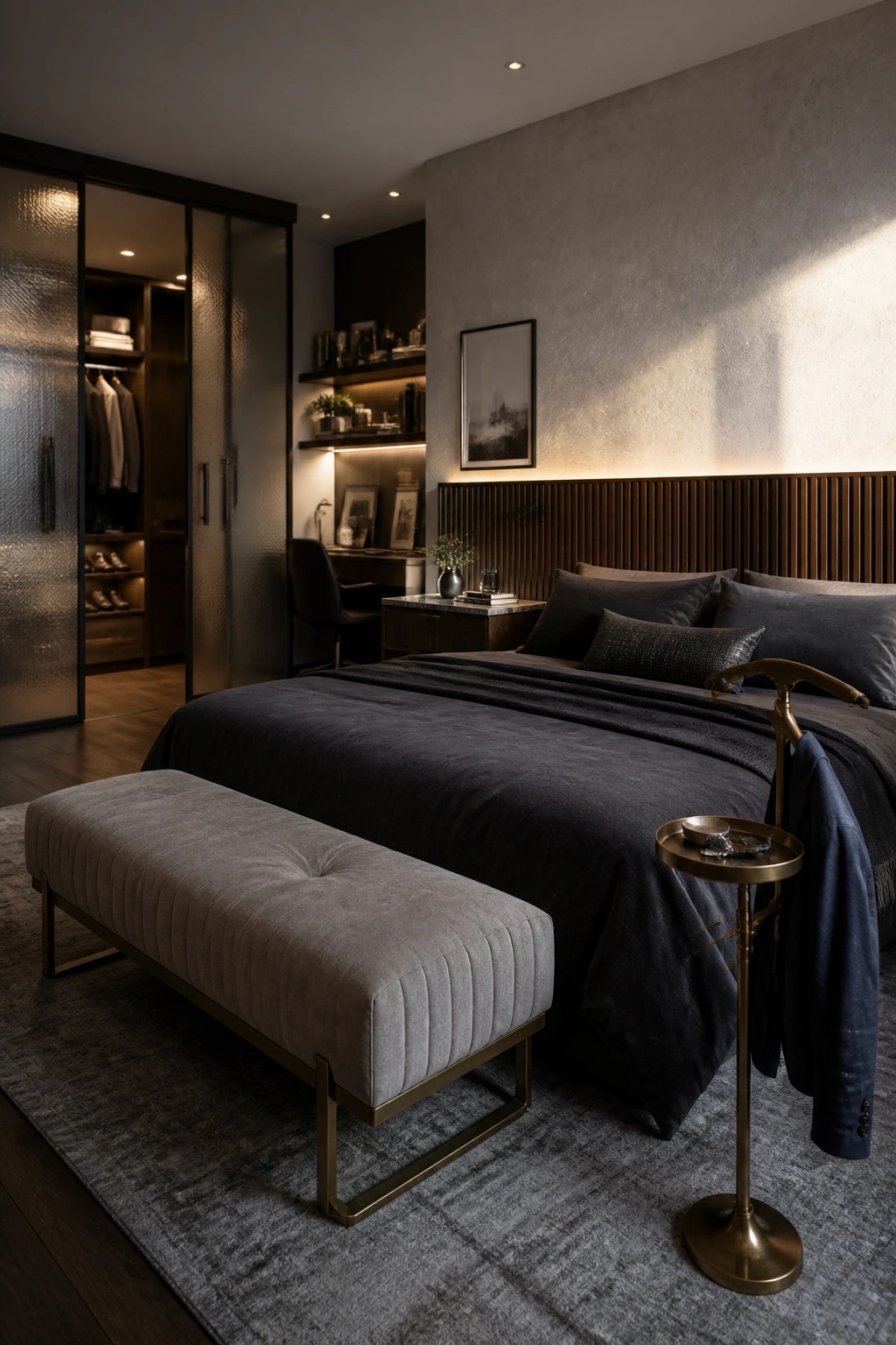 A modern bedroom featuring a large bed with dark bedding, a gray upholstered bench at the foot of the bed, a brass valet stand with a jacket, and built-in closet and desk areas in the background.