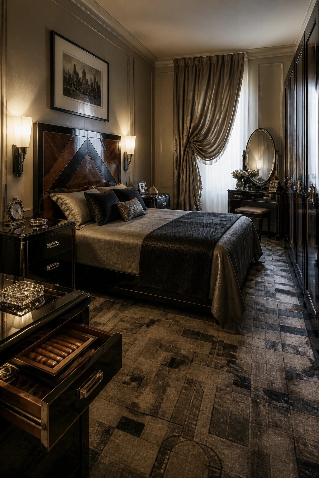 A dimly lit bedroom with a large bed centered between two dark wood nightstands, a vanity area with oval mirror on the right wall, and a foreground side table with an open drawer holding cigars.