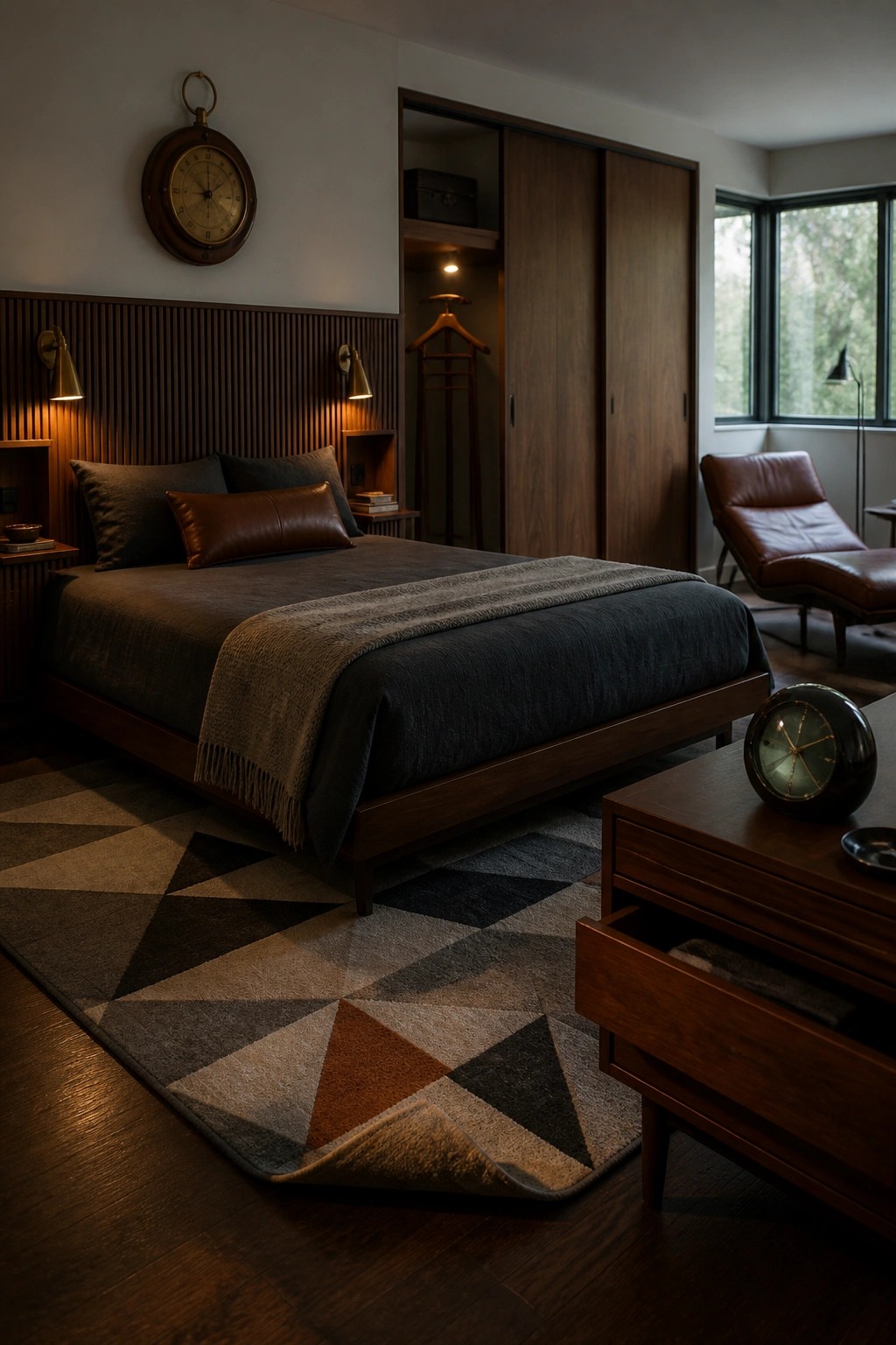 A bedroom with a dark wood bed frame covered in dark gray bedding, positioned on a large geometric patterned rug over hardwood flooring, with wooden nightstands and wall sconces.