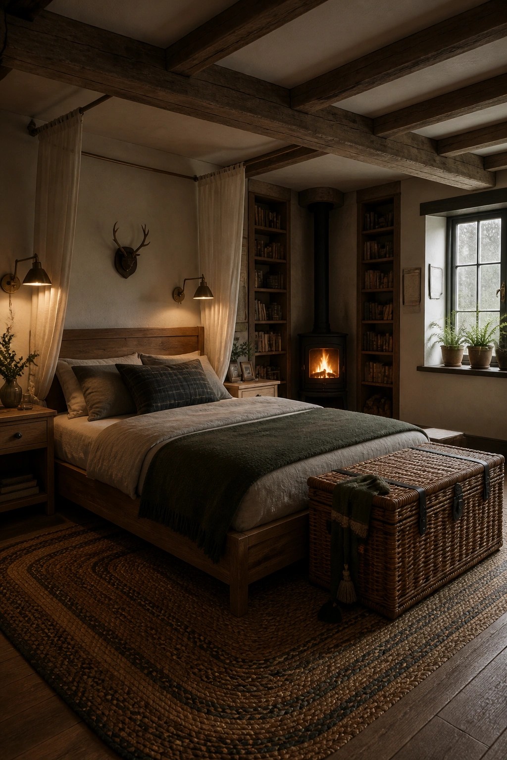 A dimly lit bedroom with a wooden bed, built-in bookshelves on both sides of a wood-burning stove, a wicker chest at the foot of the bed, and warm wall sconces.