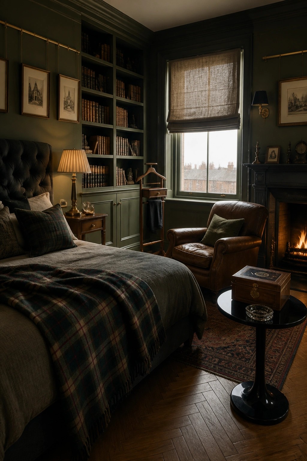 A dark green bedroom with a tufted bed, built-in bookshelves filled with books, a brown leather armchair, a fireplace, and a window with a rolled-up shade.