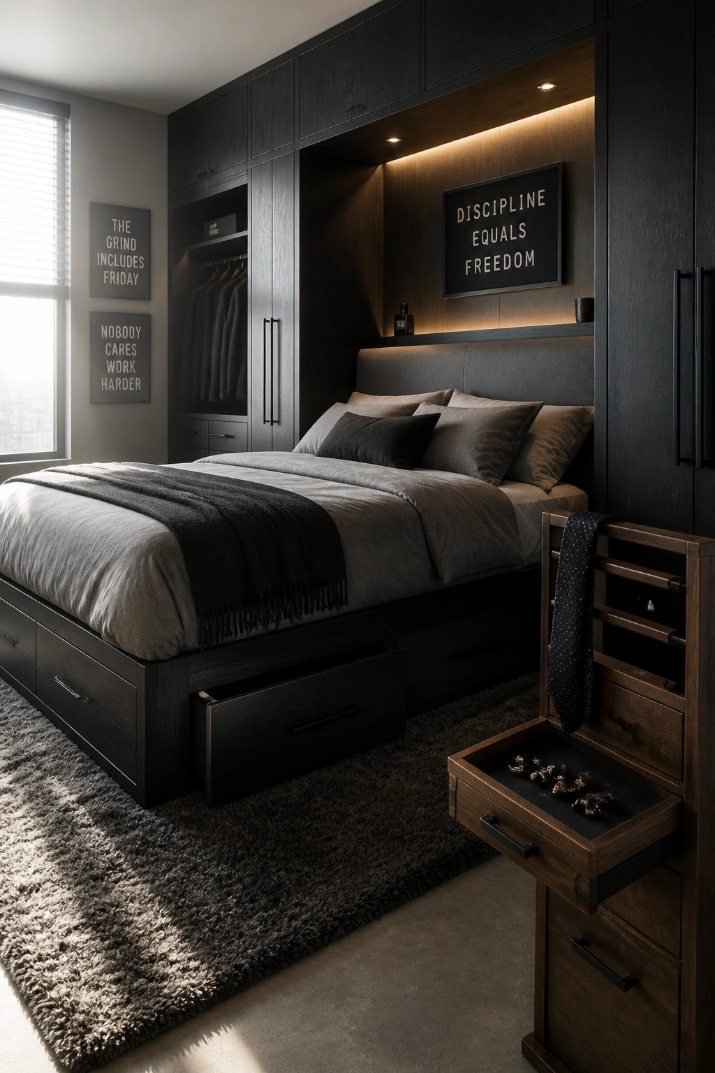 Dark modern bedroom with platform bed, built-in wardrobe, and wooden valet stand