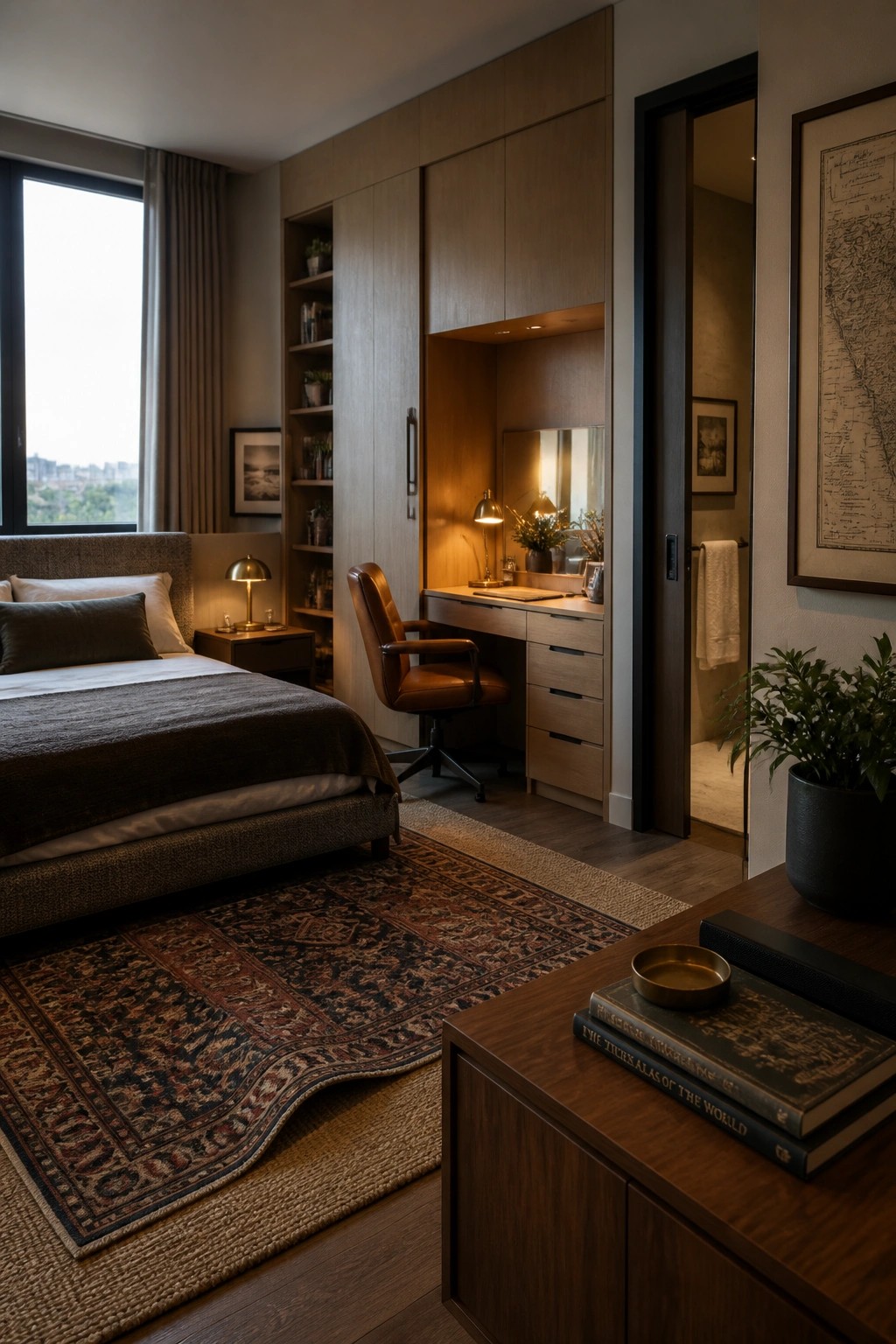 A bedroom featuring a large built-in wooden desk and cabinet unit with a brown leather chair, next to a bed on a patterned rug.