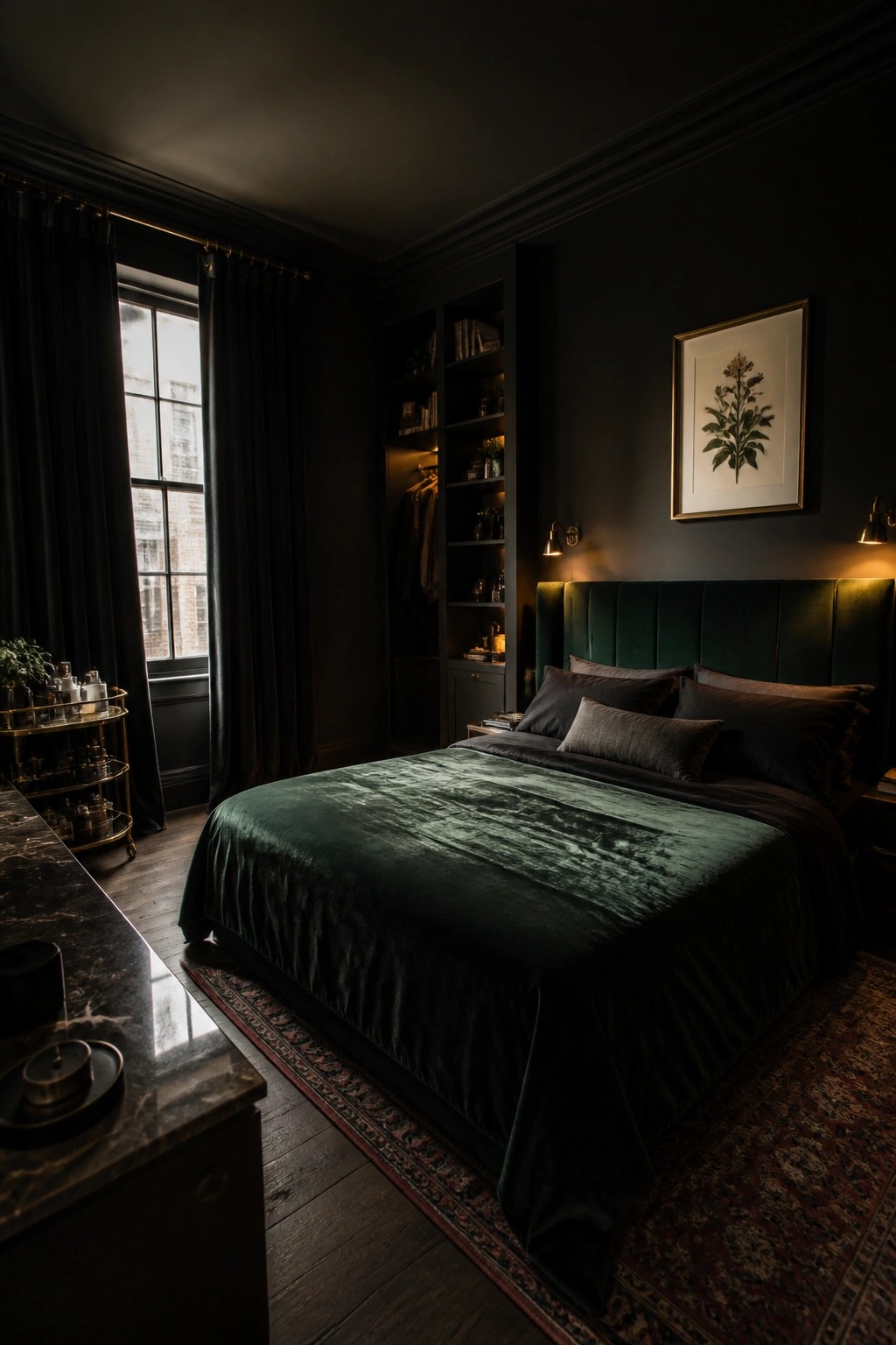 Dark green velvet bed in moody black bedroom with marble table and rug