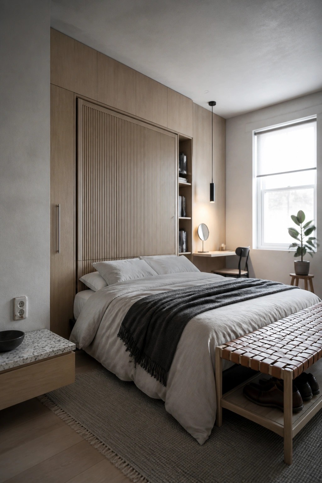 A bedroom with a bed positioned against a tall built-in wooden storage unit featuring vertical slats and open shelving on the right side.