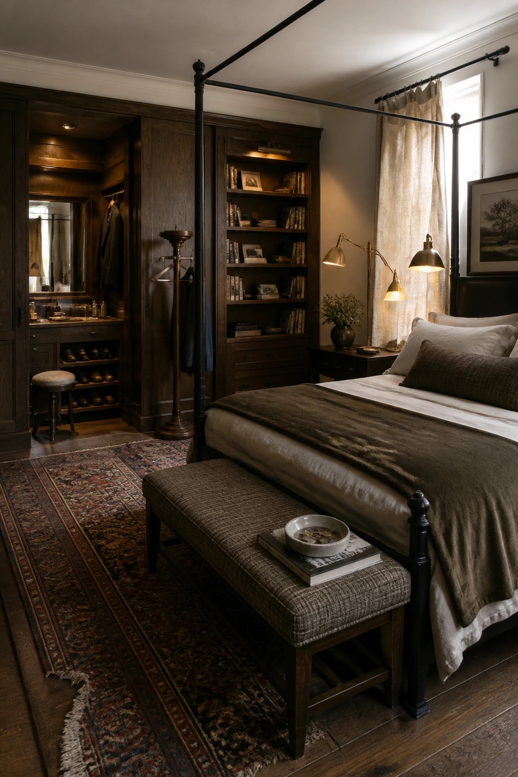 A dark wood four-poster bed in a bedroom with built-in bookshelves, an open dressing area showing hanging clothes and shoe storage, a bench at the foot of the bed, and a patterned rug on hardwood floors.