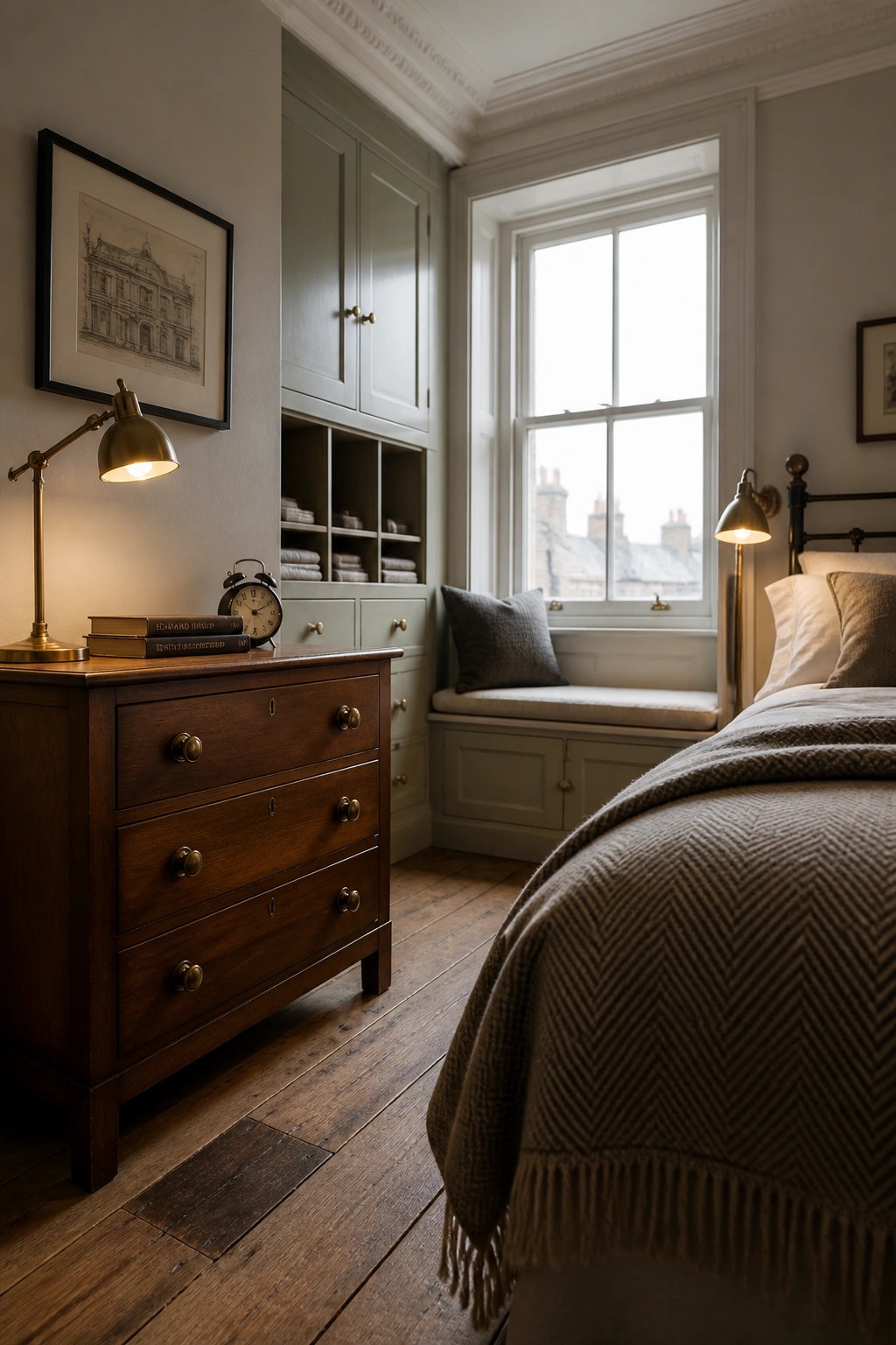 A bedroom interior with a dark wood dresser, built-in sage green cabinetry including open shelves and drawers, a cushioned window seat, and part of a bed with a herringbone throw.