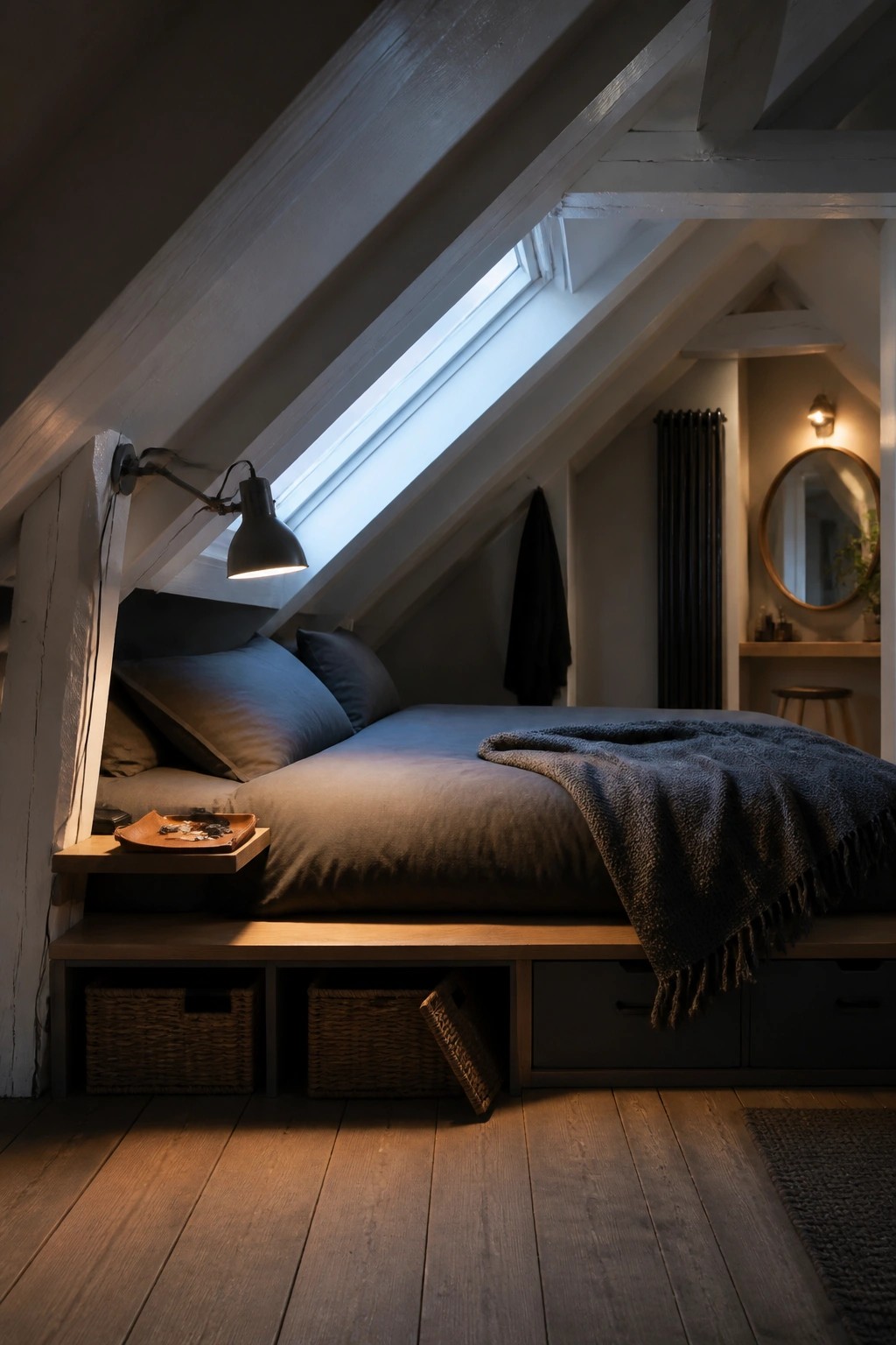 A bedroom with a bed set into an attic space under a sloped ceiling, featuring under-bed storage with drawers and baskets, a wall-mounted lamp, and a skylight above.